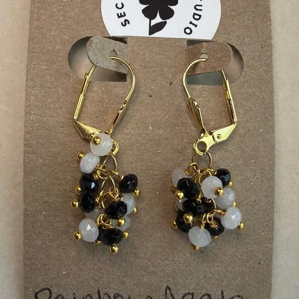 Rainbow Agate Cascade Earrings, Black & White, 18K Gold Plated, Artisan